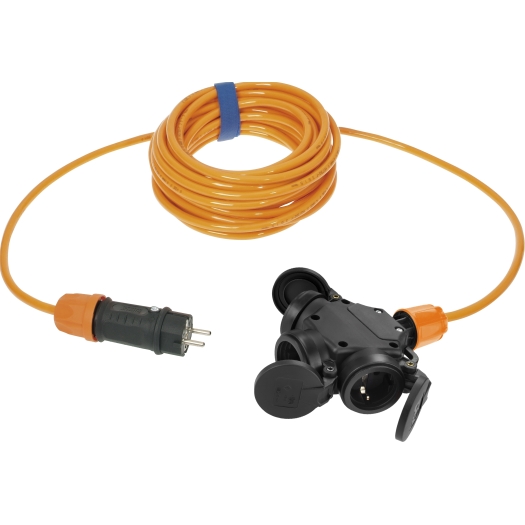 Schutzkontakt-Verlängerung  H07BQ-F 3 G 1,5 mm², 20 m, orange mit 3-fach Kupplung mit Federklappdeckel SiRoX