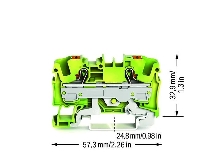 2-Leiter-Schutzleiterklemme mit Drücker 6 mm² mit Prüföffnung seitliche und mittige Beschriftung für Tragschiene 35 x 15 und 35 x 7,5 Push-in CA
