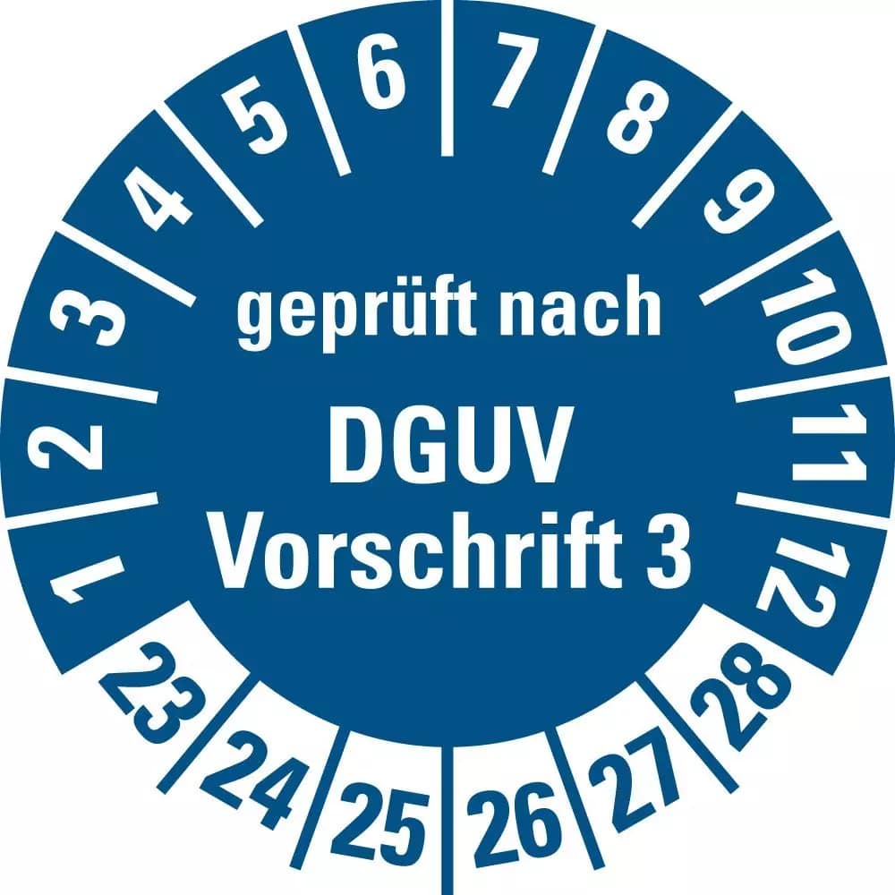 Plakette "geprüft n. DGUV V.3" 23-28, blau, Ø20mm (Bogen=10) Folie, selbstklebend