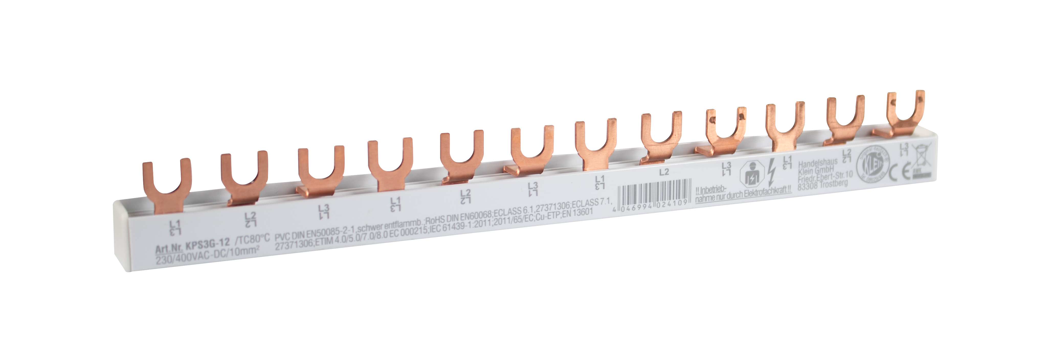 4-Phasen Stiftschiene, L-Ausführung, geschlossen, 3 x 4 Pole, 216 mm lang, Modulbreite: 17,80 mm