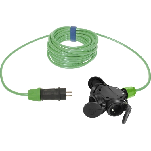 Schutzkontakt-Verlängerung  H07BQ-F 3 G 1,5 mm², 10 m, grün mit 3-fach Kupplung mit Federklappdeckel SiRoX