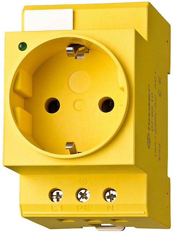Steckdose für Reiheneinbau, Farbe gelb, für Wechselstrom 16 A 250 V AC1, mit LED Anzeige und Schutzk