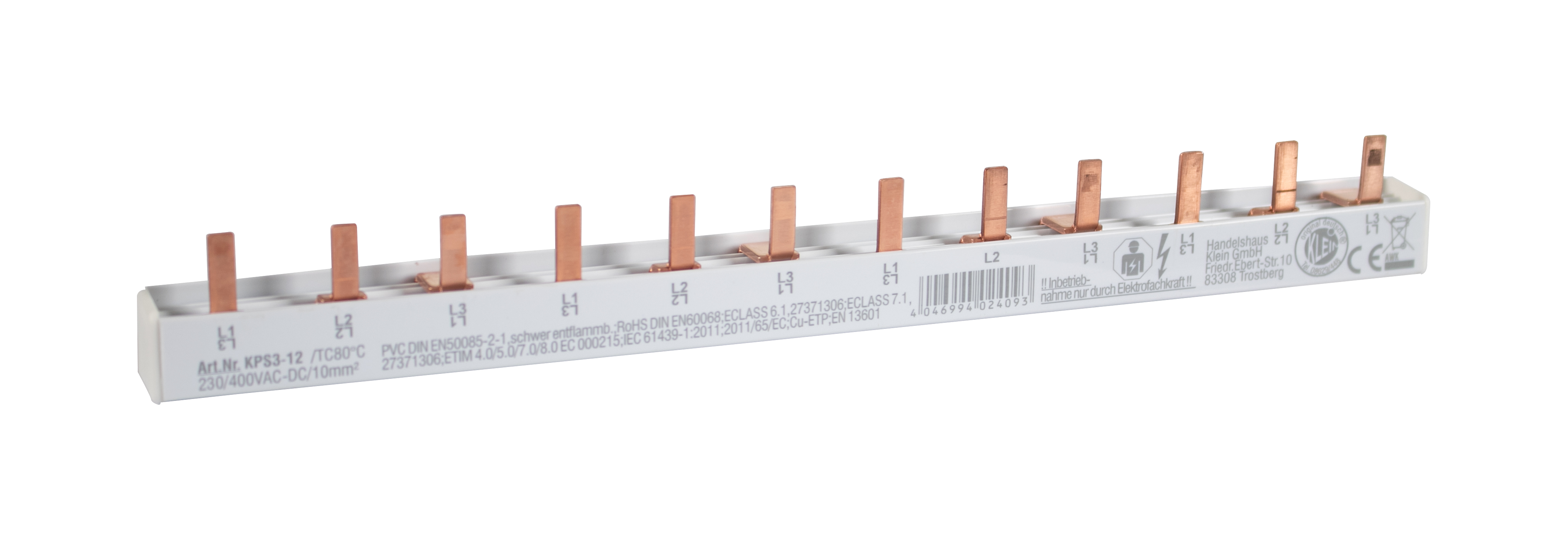 3-Phasen Stiftschiene, L-Ausführung, offen, 19 x 3 Pole, 1.000 mm lang, Modulbreite: 17,80 mm