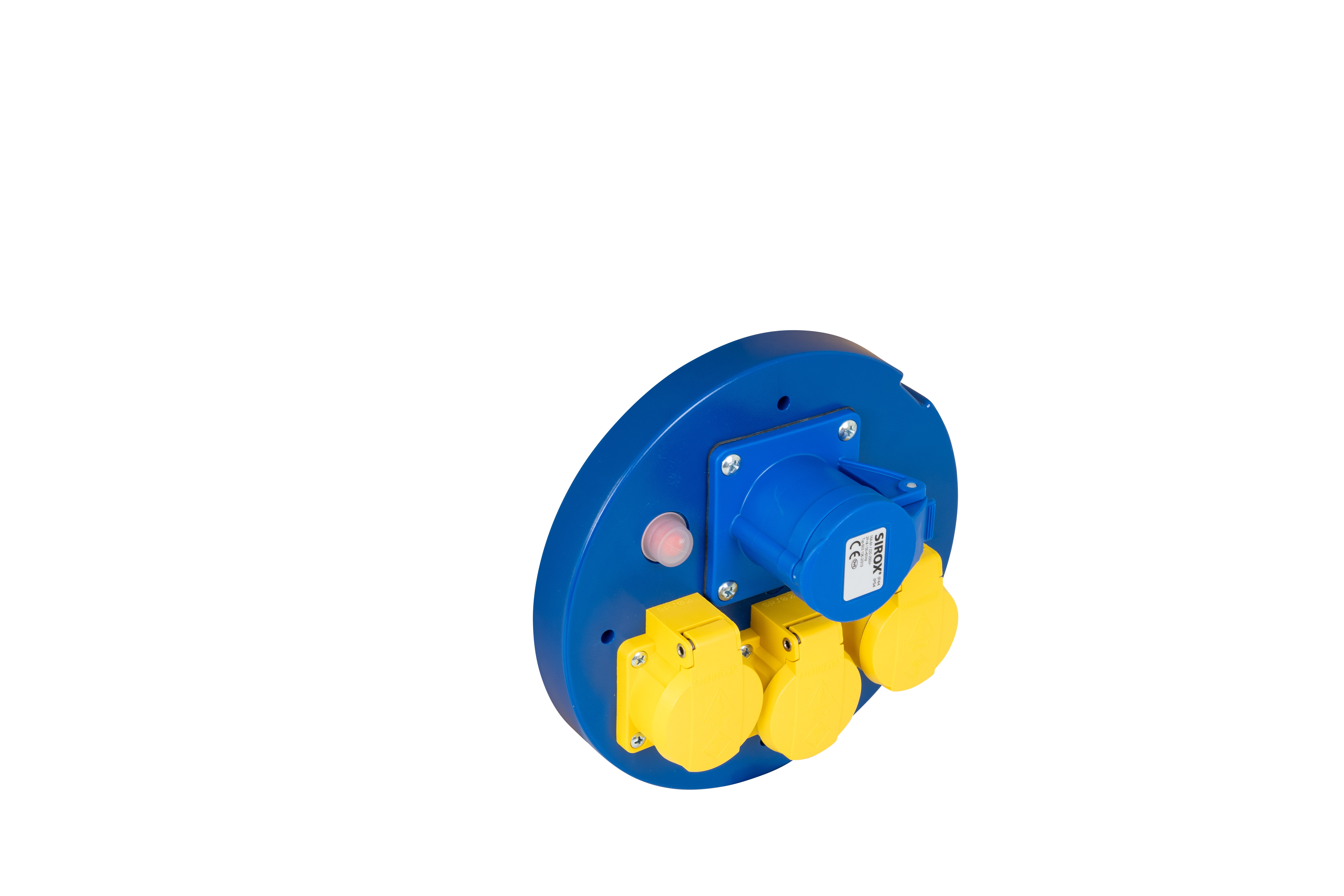 Deckel blau 3 montierte gelbe Schutzkontakt-Dosen für Jumbo-Kabeltrommel