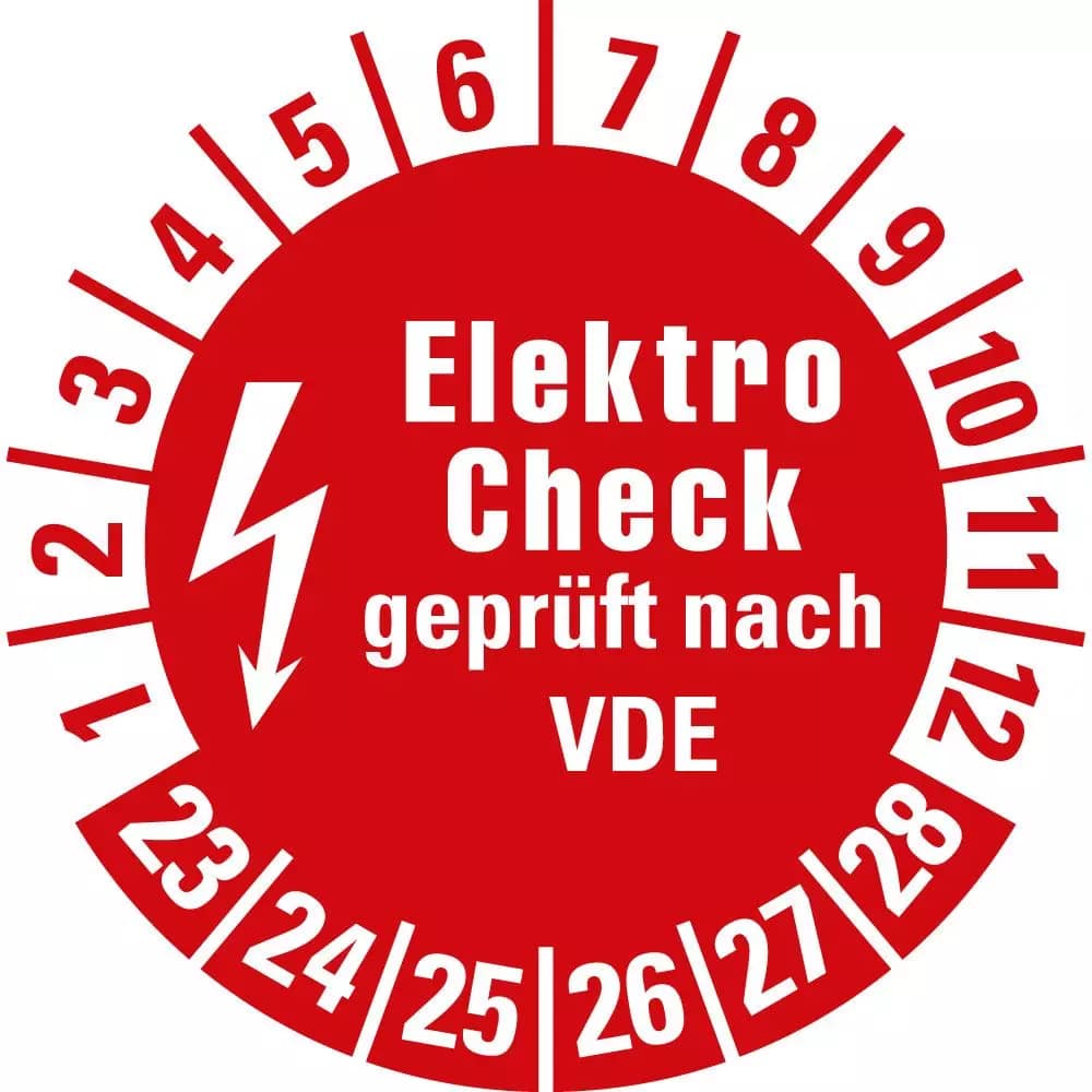 Prüfplakette Elektro Check geprüft nach VDE, 23 - 28, rot, Folie selbstklebend, Ø20 mm, 10 St./Bogen