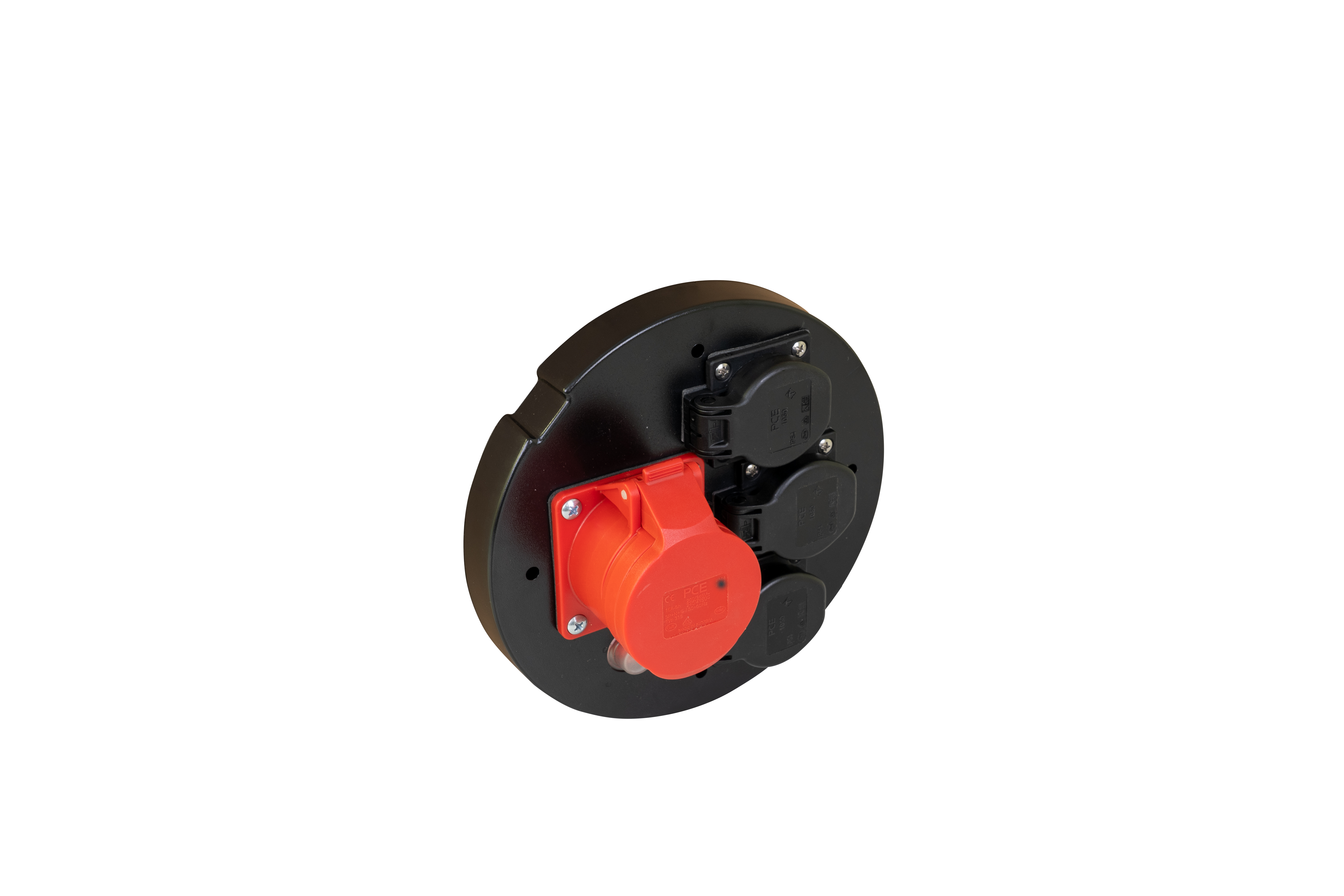 Deckel schwarz, 3 montierte schwarze Schutzkontakt-Dosen, 1 CEE-Dose 16A 3-p. für Jumbo-Kabeltrommel