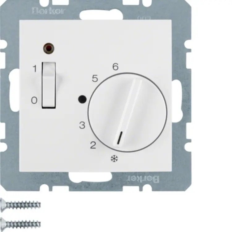 Raumtemperaturregler mit Öffner, Schalter und LED, Zentralstück S.1/B.3/B.7 polarweiß, matt