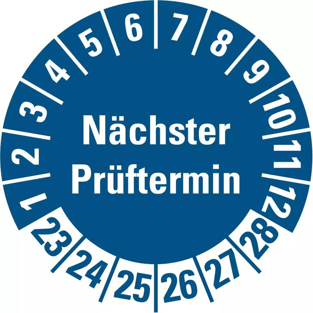 Plakette "Nächster Prüftermin" 23-28, blau, Ø20mm (Bogen=10)
